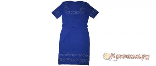 Летнее синее платье с ажурной отделкой спицами